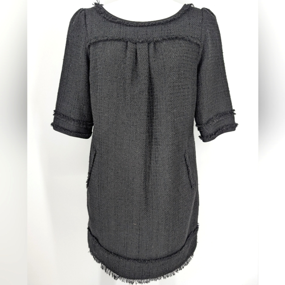 Monsoon Black Tweed Silver Glitter Fringe Hem 1/2 Sleeves Mini Shift Dress 10